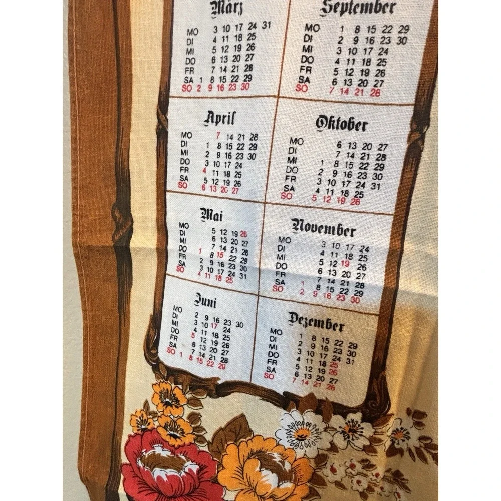 1980 German Clock Cloth Calendar Kitchen Tea Towel With Flowers Clean Condition